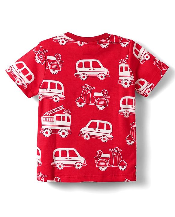 Babyhug Cotton Knit Half Sleeves Co-ord Night Suit with Vehicle Print - Red