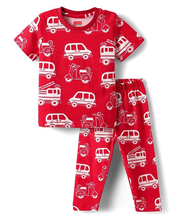 Babyhug Cotton Knit Half Sleeves Co-ord Night Suit with Vehicle Print - Red