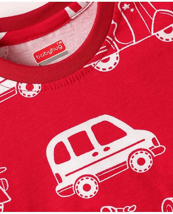 Babyhug Cotton Knit Half Sleeves Co-ord Night Suit with Vehicle Print - Red