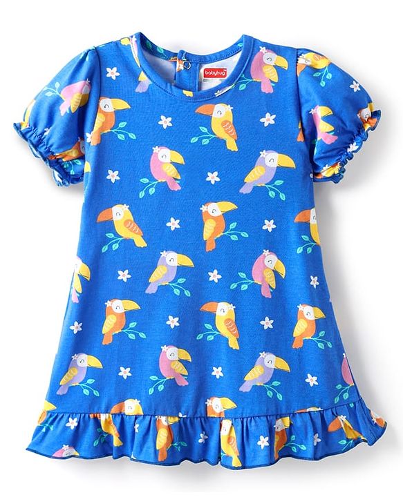 Babyhug Cotton Knit Half Sleeves Nighty With Bird Print & Frill Detailing - Blue