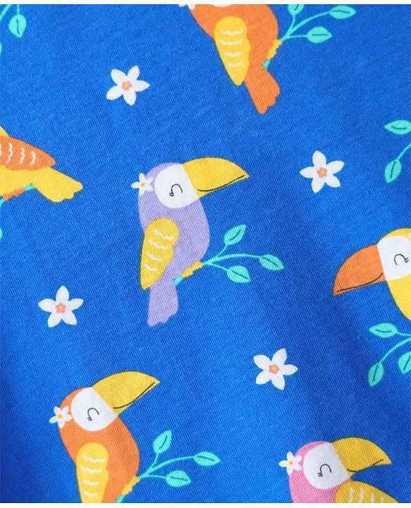 Babyhug Cotton Knit Half Sleeves Nighty With Bird Print & Frill Detailing - Blue