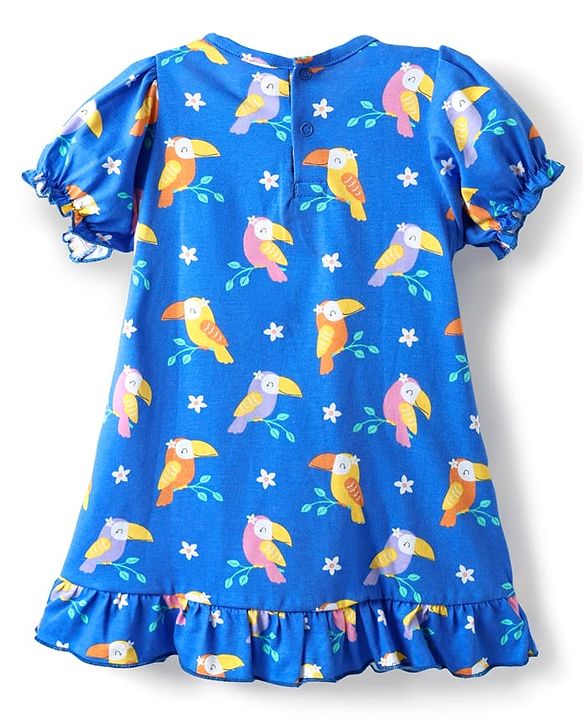 Babyhug Cotton Knit Half Sleeves Nighty With Bird Print & Frill Detailing - Blue