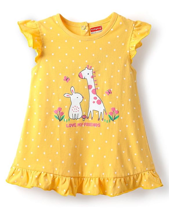 Babyhug Cotton Knit Frill Sleeves Nighty With Animal & Polka Dot Print - Yellow