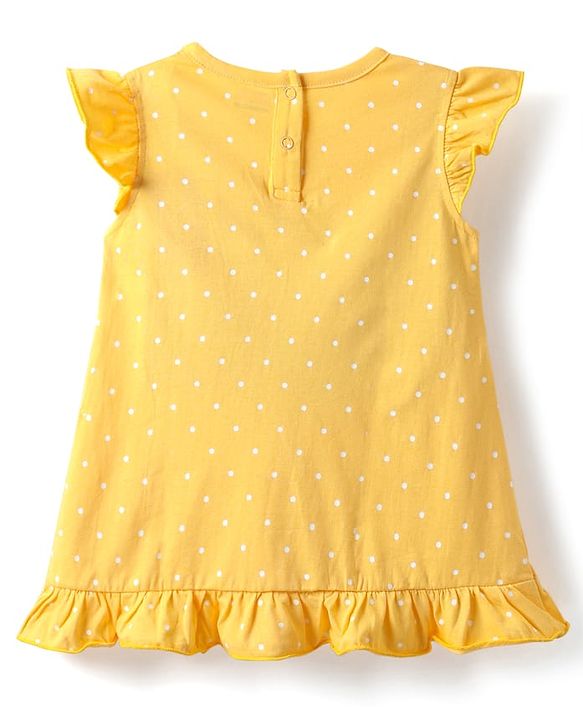 Babyhug Cotton Knit Frill Sleeves Nighty With Animal & Polka Dot Print - Yellow