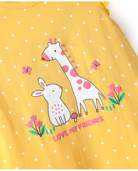 Babyhug Cotton Knit Frill Sleeves Nighty With Animal & Polka Dot Print - Yellow