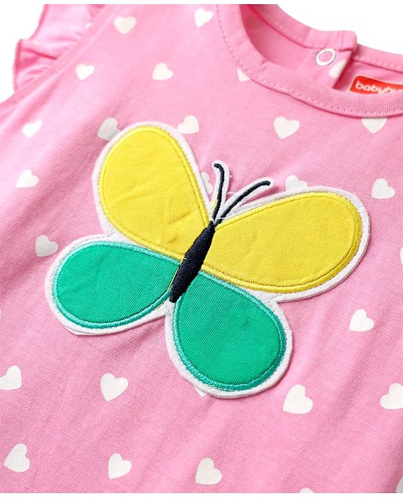 Babyhug Cotton Knit Frill Sleeves Nighty With Butterfly Patch & Polka Dot Print - Pink