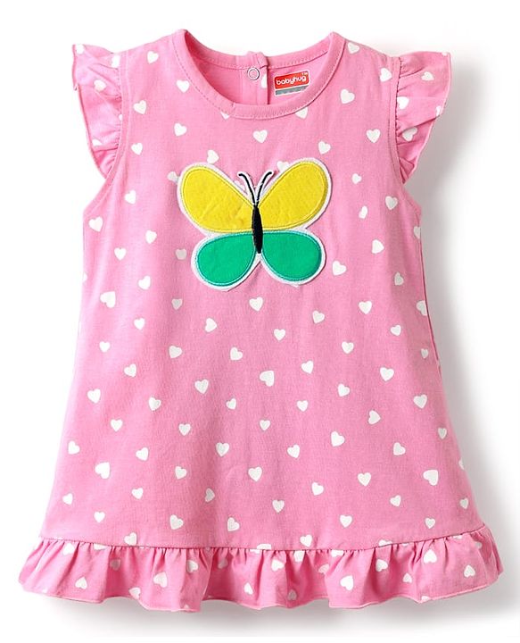 Babyhug Cotton Knit Frill Sleeves Nighty With Butterfly Patch & Polka Dot Print - Pink