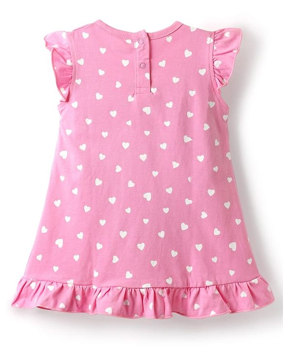 Babyhug Cotton Knit Frill Sleeves Nighty With Butterfly Patch & Polka Dot Print - Pink