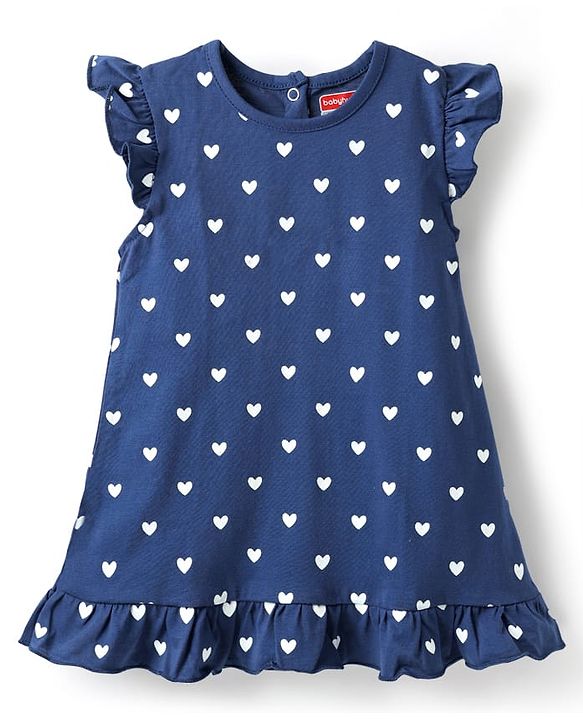 Babyhug Cotton Knit Frill Sleeves Nighty With Heart Print - Navy Blue