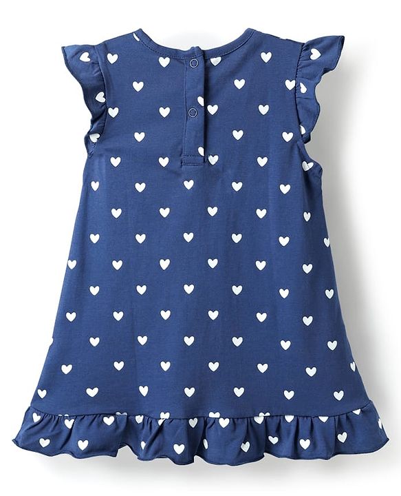 Babyhug Cotton Knit Frill Sleeves Nighty With Heart Print - Navy Blue