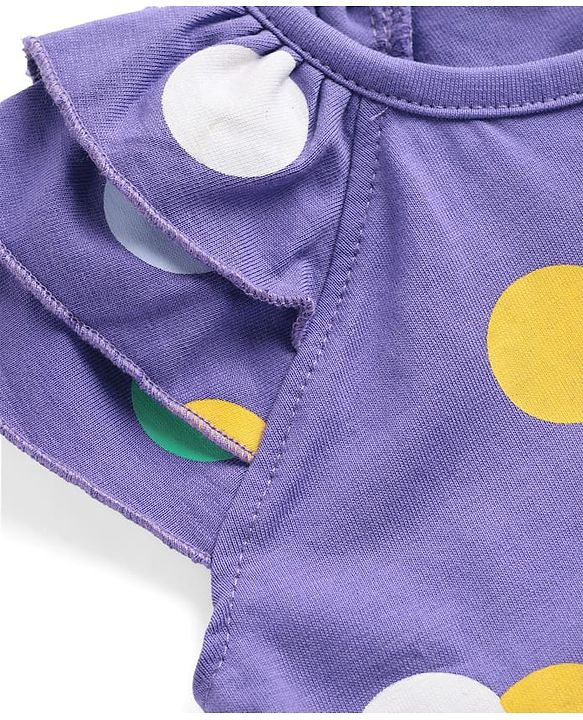 Babyhug Cotton Knit Raglan Half Sleeves Nighty with Polka Dot Print - Violet