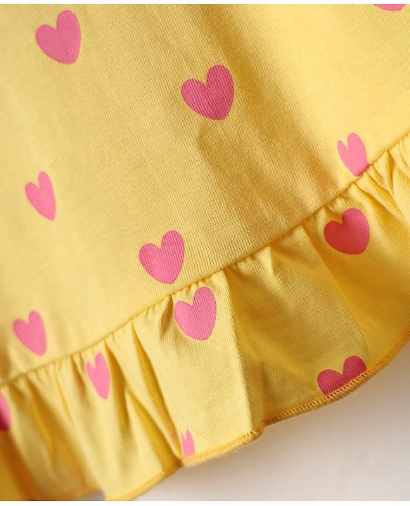 Babyhug Cotton Knit Frill Sleeves Nighty With Heart Print - Yellow