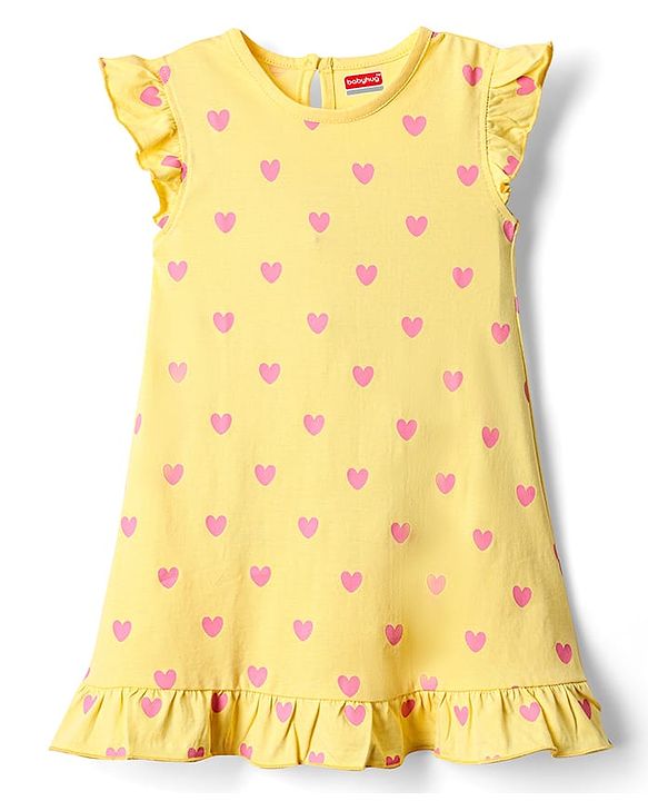 Babyhug Cotton Knit Frill Sleeves Nighty With Heart Print - Yellow