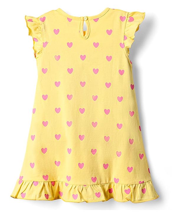 Babyhug Cotton Knit Frill Sleeves Nighty With Heart Print - Yellow