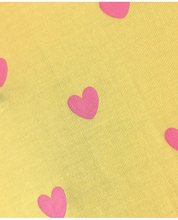 Babyhug Cotton Knit Frill Sleeves Nighty With Heart Print - Yellow