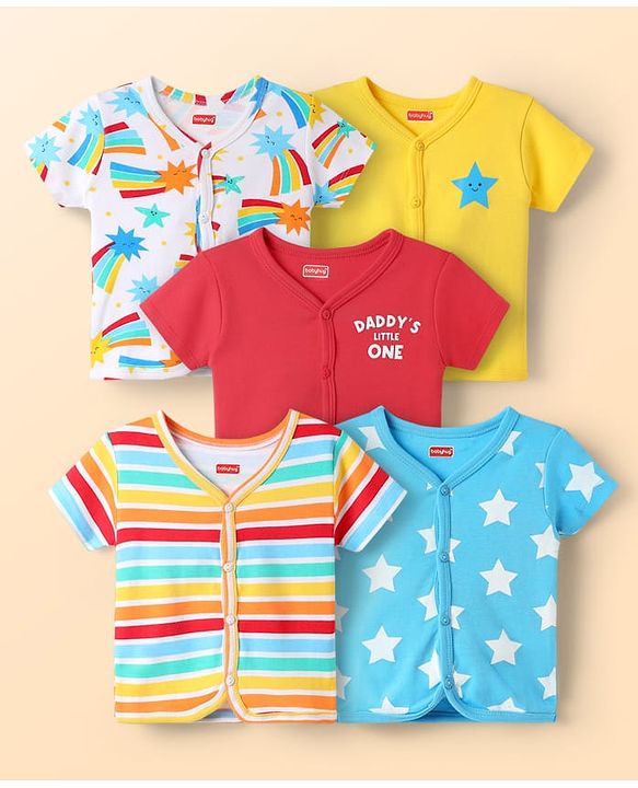 Babyhug 100% Cotton Interlock Knit Half Sleeves Front Open jhabla with Stripe Design & Star Print Pack of 5 - Multicolor