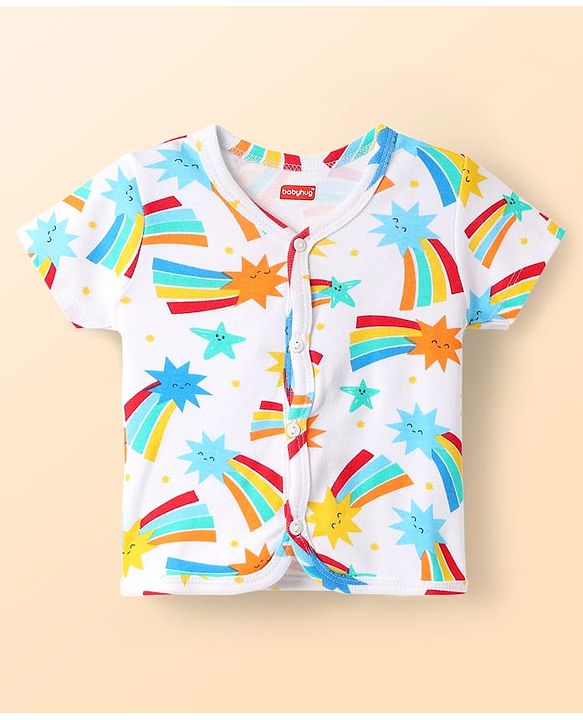Babyhug 100% Cotton Interlock Knit Half Sleeves Front Open jhabla with Stripe Design & Star Print Pack of 5 - Multicolor