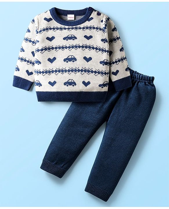 Babyhug Knitted Full Sleeves Sweater Set with Car & Heart Design - White & Navy Blue