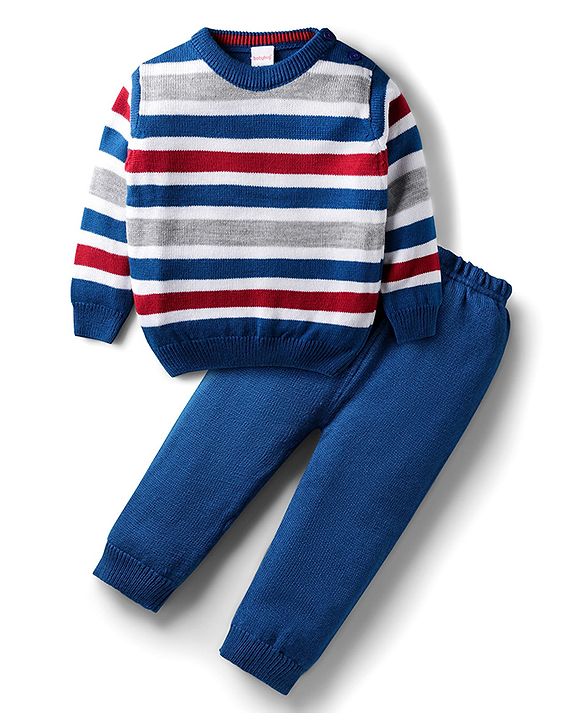 Babyhug Knit Full Sleeves Sweater Set with Stripes Design - Blue