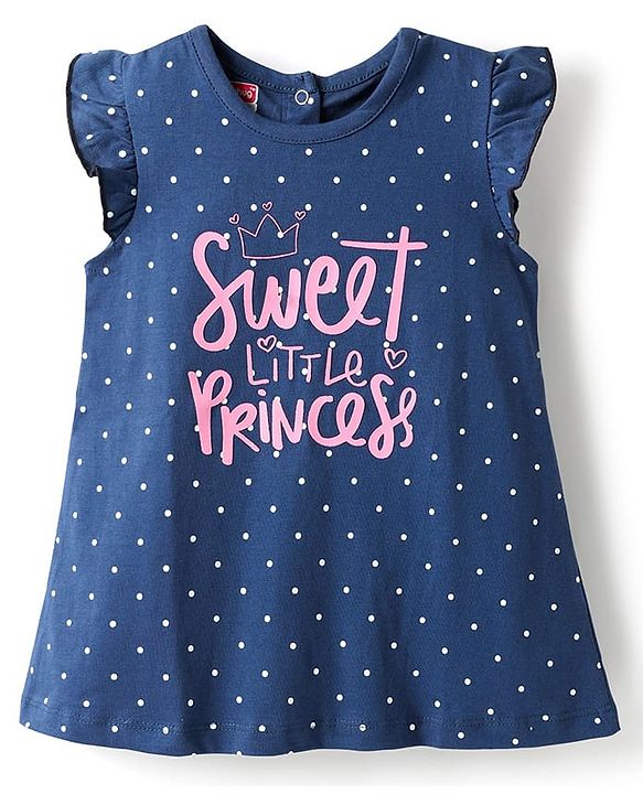 Babyhug Cotton Knit Frill Sleeves Nighty With Text & Polka Dot Print - Navy Blue