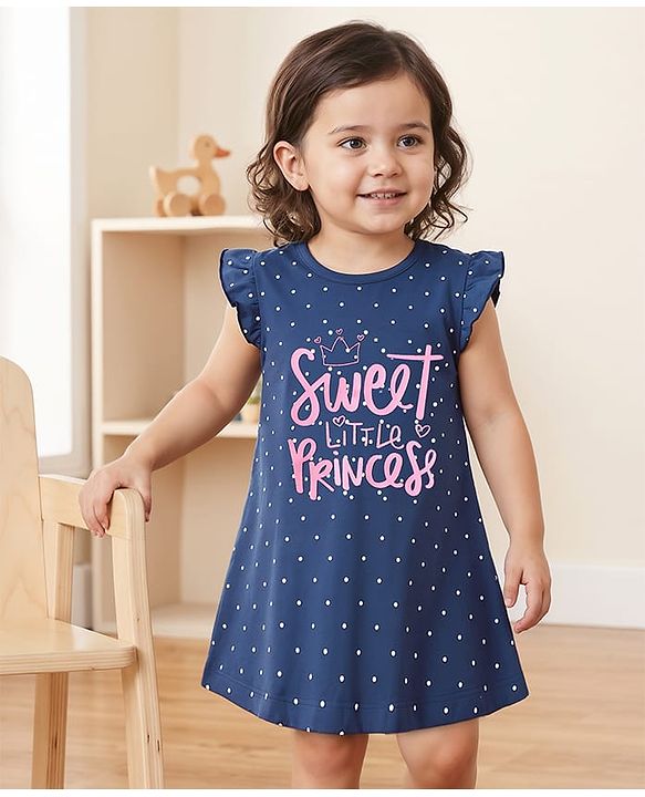 Babyhug Cotton Knit Frill Sleeves Nighty With Text & Polka Dot Print - Navy Blue