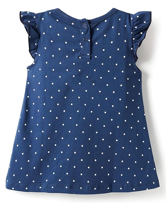 Babyhug Cotton Knit Frill Sleeves Nighty With Text & Polka Dot Print - Navy Blue