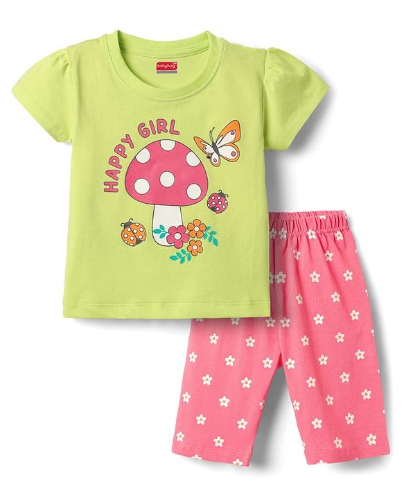Babyhug Cotton Knit Half Sleeves Capri Night Suit With Floral Print - Green & Pink
