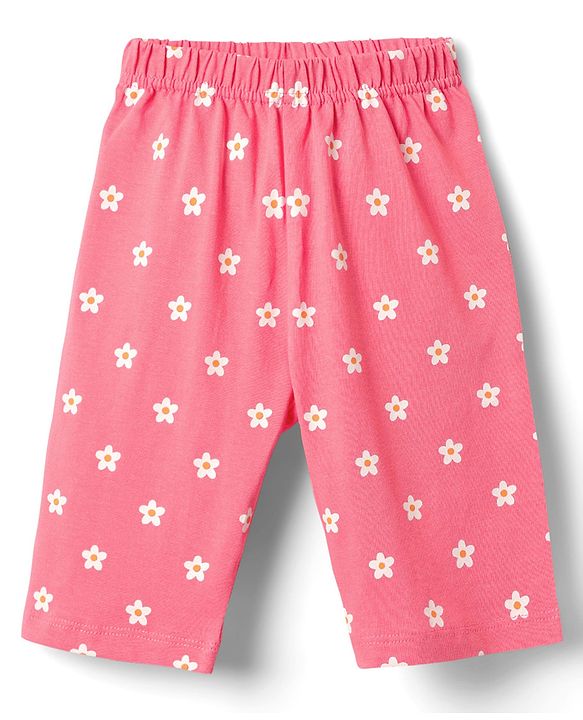Babyhug Cotton Knit Half Sleeves Capri Night Suit With Floral Print - Green & Pink