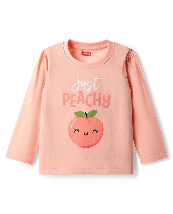 Babyhug 100% Cotton Knit Full Sleeves Night Suit With Peach Print - Peach