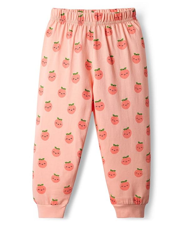 Babyhug 100% Cotton Knit Full Sleeves Night Suit With Peach Print - Peach