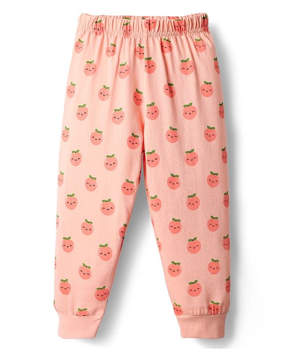 Babyhug 100% Cotton Knit Full Sleeves Night Suit With Peach Print - Peach