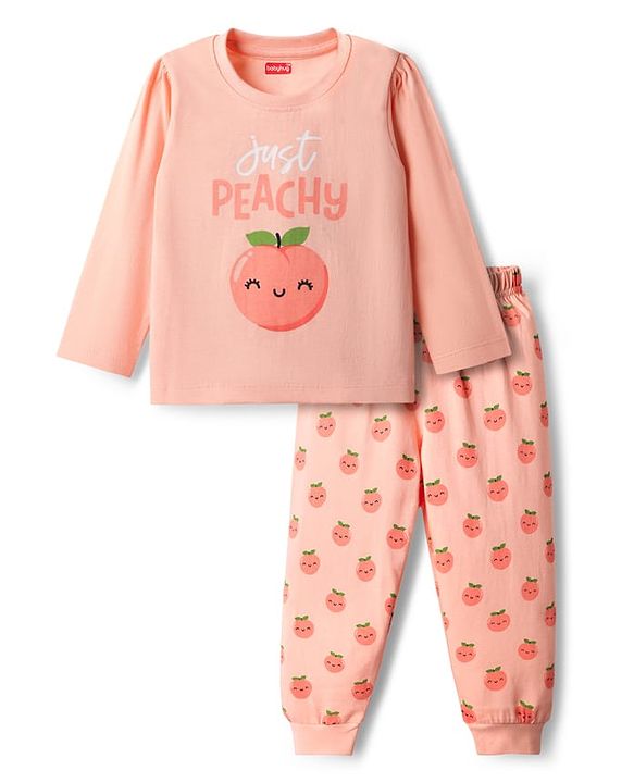 Babyhug Cotton Knit Full Sleeves Night Suit With Peach Print - Peach