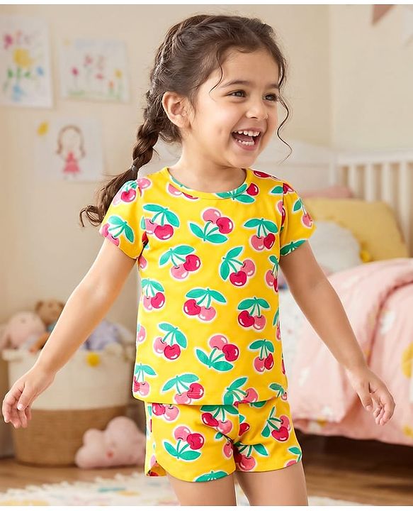 Babyhug Cotton Knit Half Sleeves Co-ords Short Night Suit With Tropical Print - Yellow