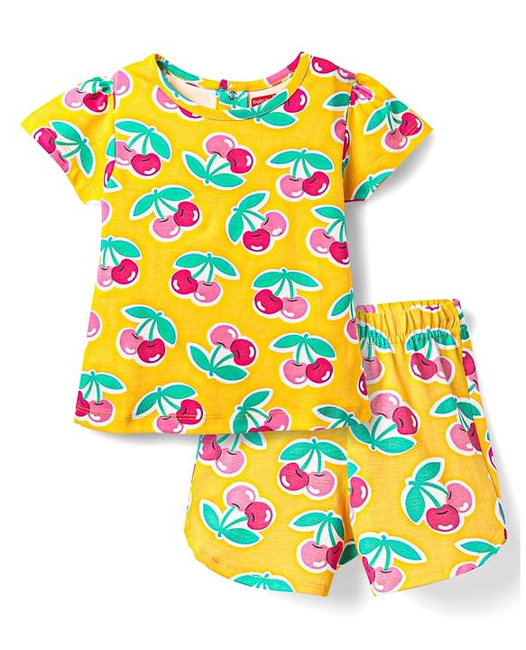 Babyhug Cotton Knit Half Sleeves Co-ords Short Night Suit With Tropical Print - Yellow