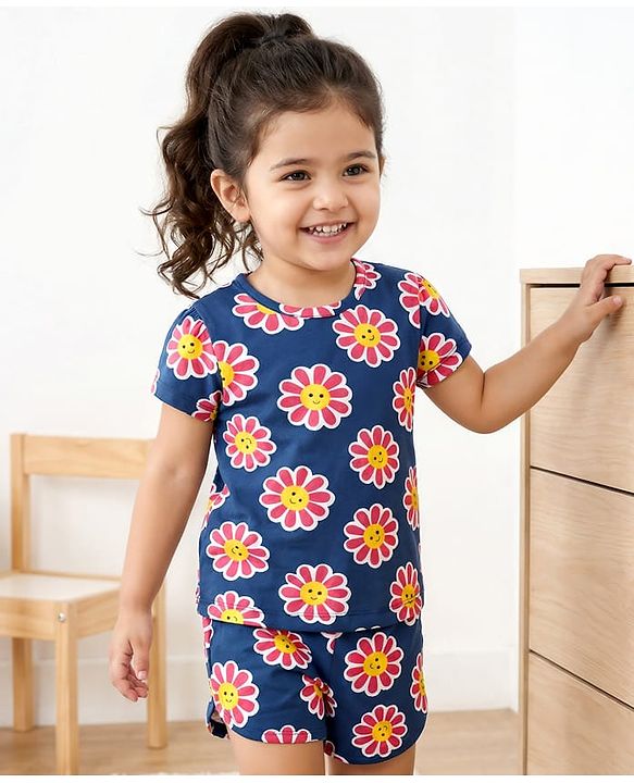 Babyhug Cotton Knit Half Sleeves Shorts Co-Ord Night Suit With Floral Print - Navy Blue