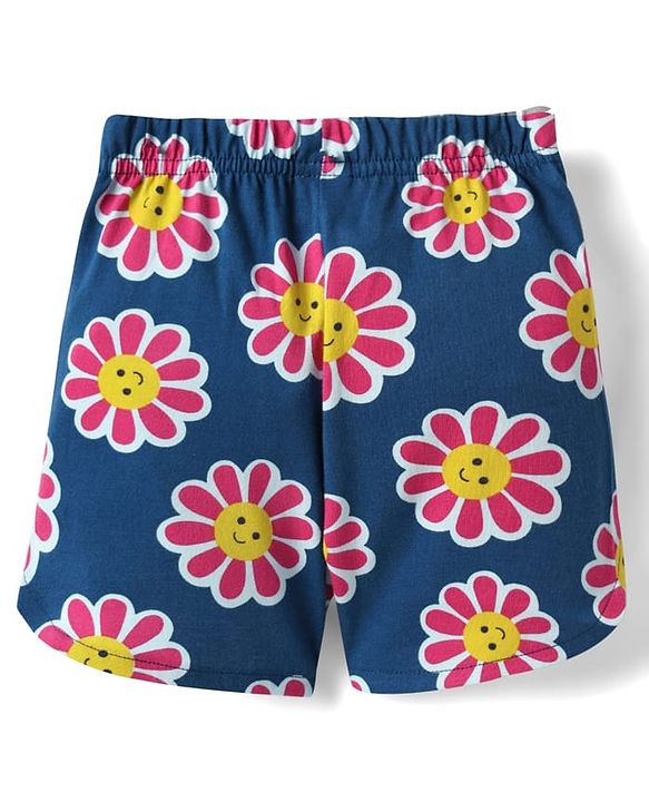 Babyhug Cotton Knit Half Sleeves Shorts Co-Ord Night Suit With Floral Print - Navy Blue