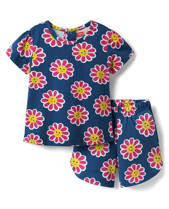 Babyhug Cotton Knit Half Sleeves Shorts Co-Ord Night Suit With Floral Print - Navy Blue