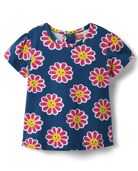 Babyhug Cotton Knit Half Sleeves Shorts Co-Ord Night Suit With Floral Print - Navy Blue