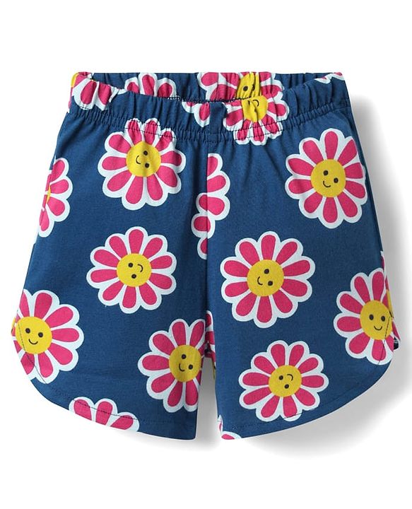 Babyhug Cotton Knit Half Sleeves Shorts Co-Ord Night Suit With Floral Print - Navy Blue