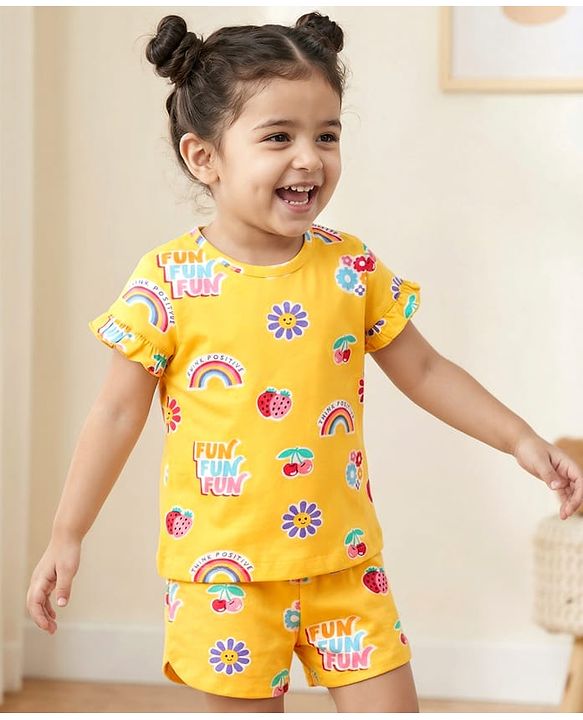 Babyhug 100% Cotton Knit Half Sleeves Co-ords Short Night Suit With Floral Print - Yellow