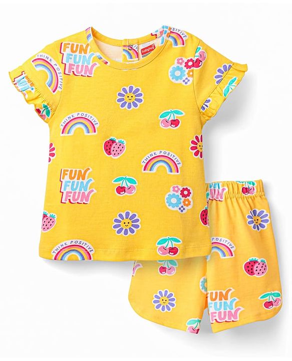Babyhug 100% Cotton Knit Half Sleeves Co-ords Short Night Suit With Floral Print - Yellow