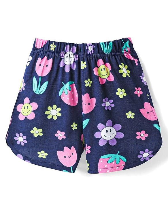 Babyhug Cotton Knit Half Sleeves Shorts Co-Ord Night Suit With Floral & Fruit Print - Navy Blue