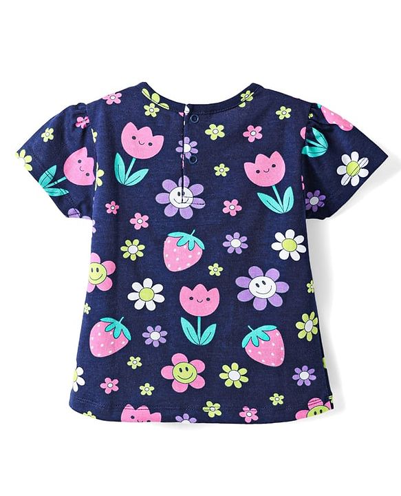 Babyhug Cotton Knit Half Sleeves Shorts Co-Ord Night Suit With Floral & Fruit Print - Navy Blue