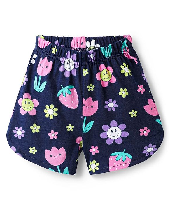 Babyhug Cotton Knit Half Sleeves Shorts Co-Ord Night Suit With Floral & Fruit Print - Navy Blue