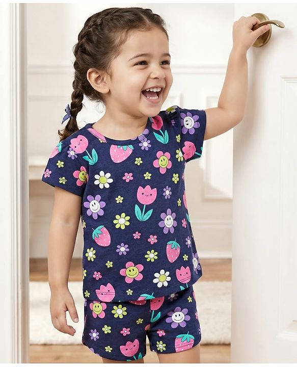 Babyhug Cotton Knit Half Sleeves Shorts Co-Ord Night Suit With Floral & Fruit Print - Navy Blue