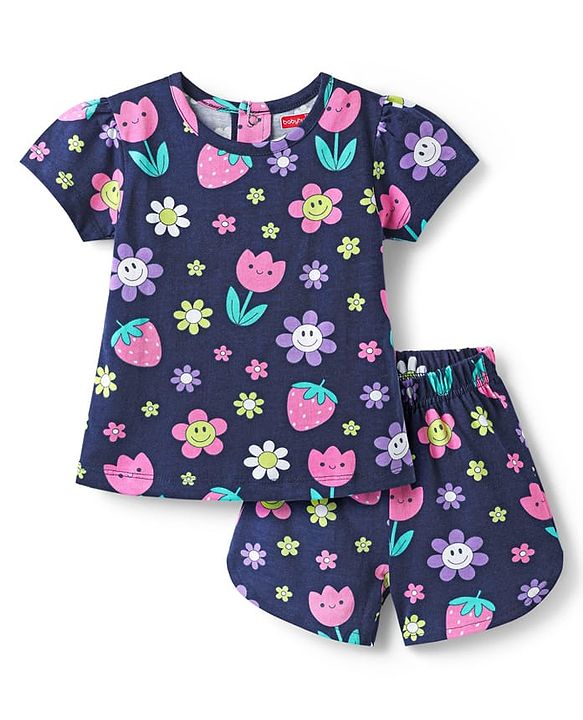Babyhug Cotton Knit Half Sleeves Shorts Co-Ord Night Suit With Floral & Fruit Print - Navy Blue