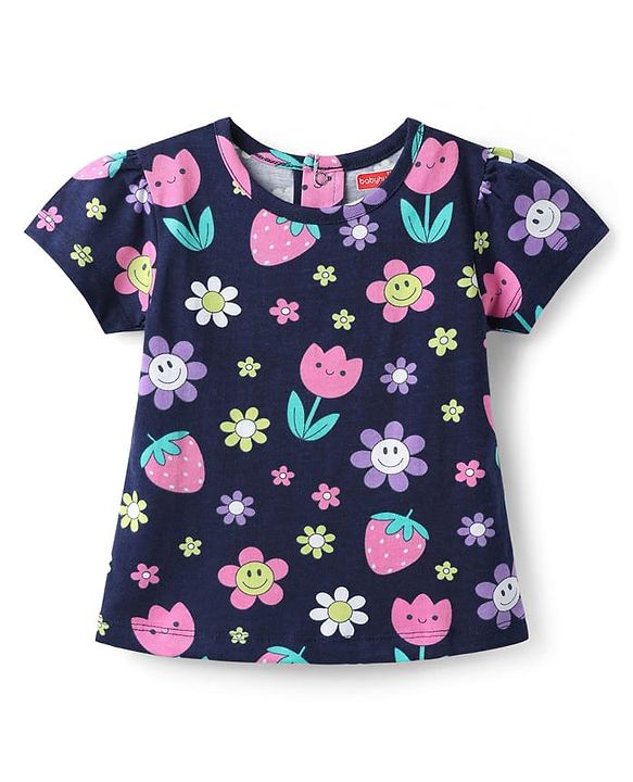 Babyhug Cotton Knit Half Sleeves Shorts Co-Ord Night Suit With Floral & Fruit Print - Navy Blue