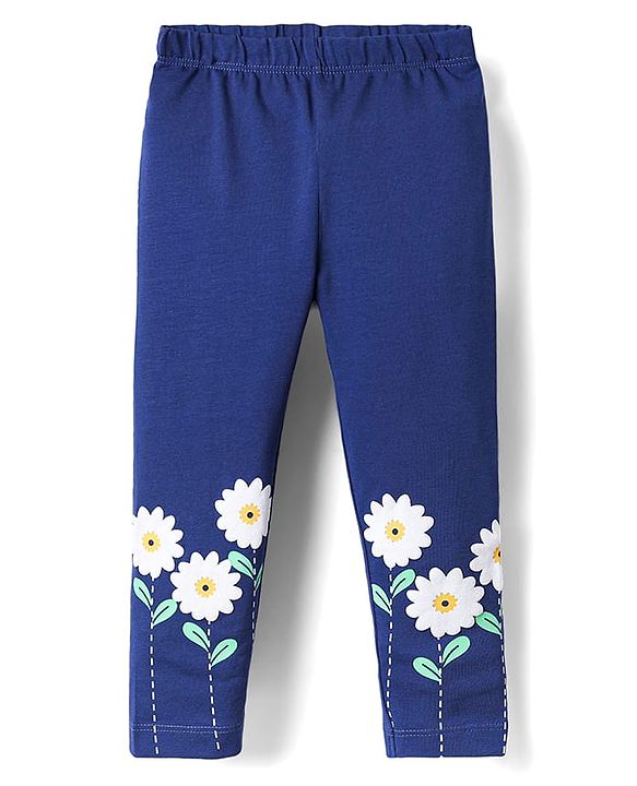Babyhug Cotton Lycra Knit Full Length Leggings with Floral Print - Navy Blue
