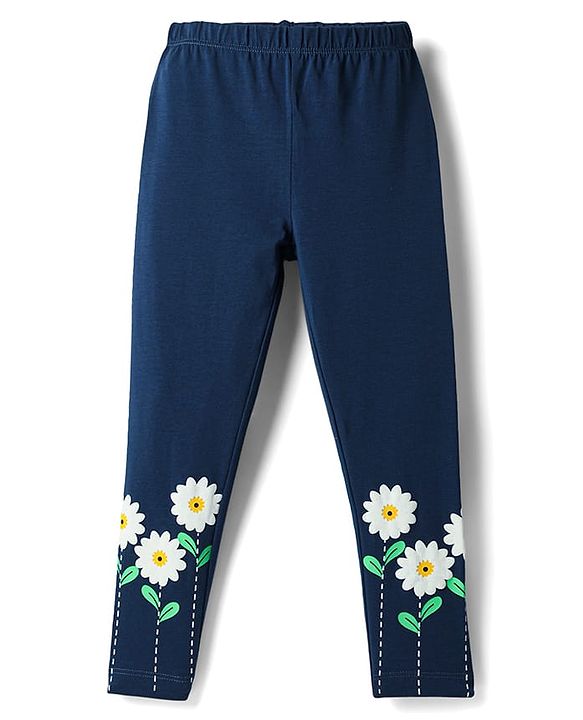 Babyhug Cotton Lycra Knit Full Length Leggings with Floral Print - Navy Blue