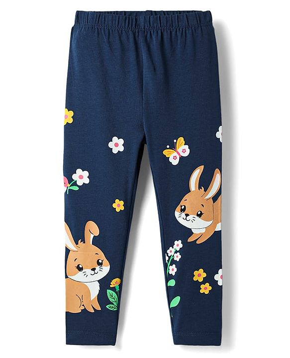 Babyhug Cotton Lycra Knit Full Length Leggings with Bunny Print - Navy Blue